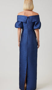 Metallic Jacquard Off Shoulder Puff Sleeve Gown