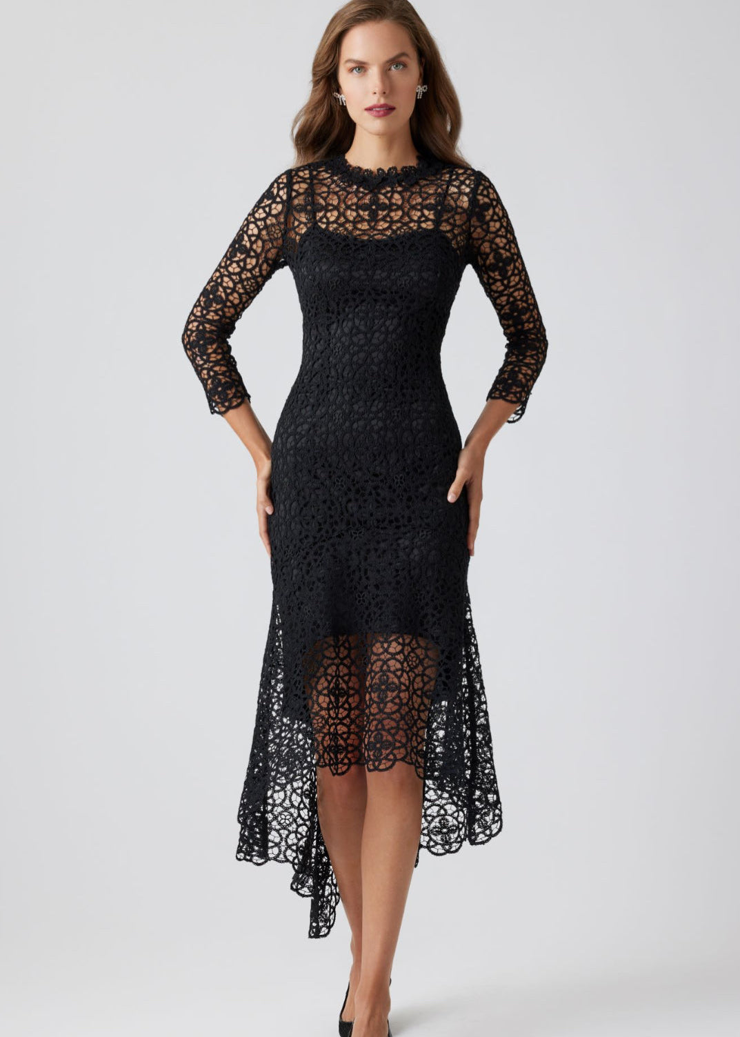 Stretch Crochet 3/4 Sleeve High Low Hem Dress