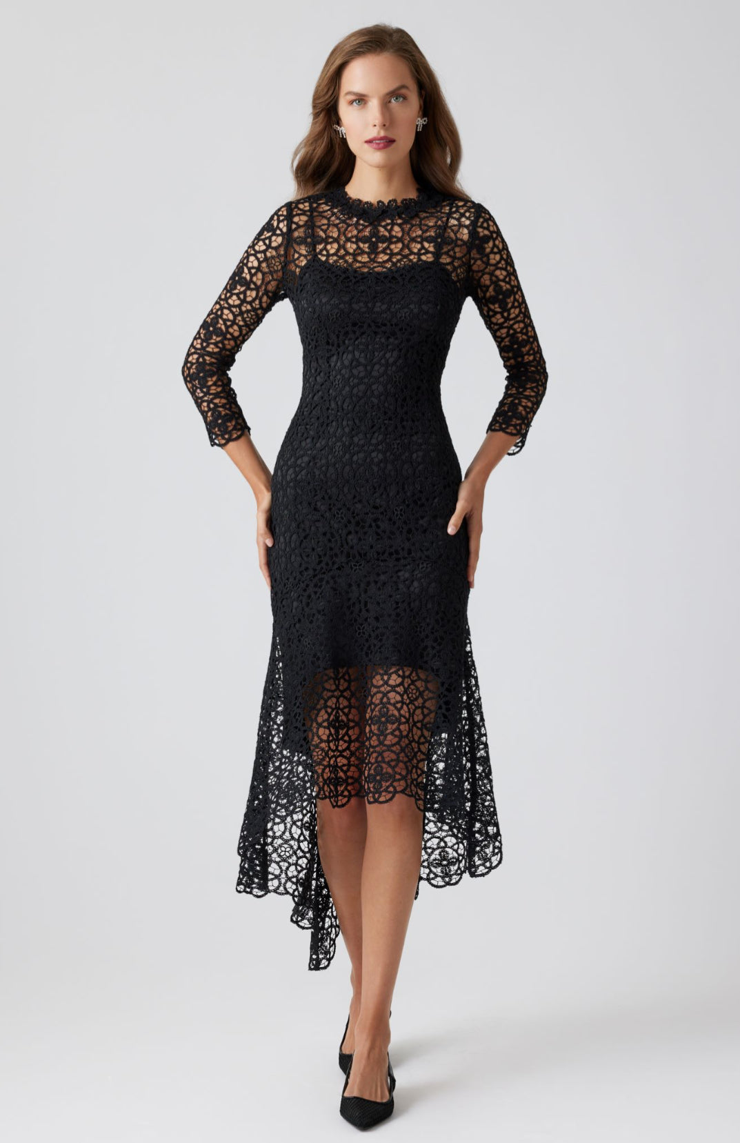 Stretch Crochet 3/4 Sleeve High Low Hem Dress