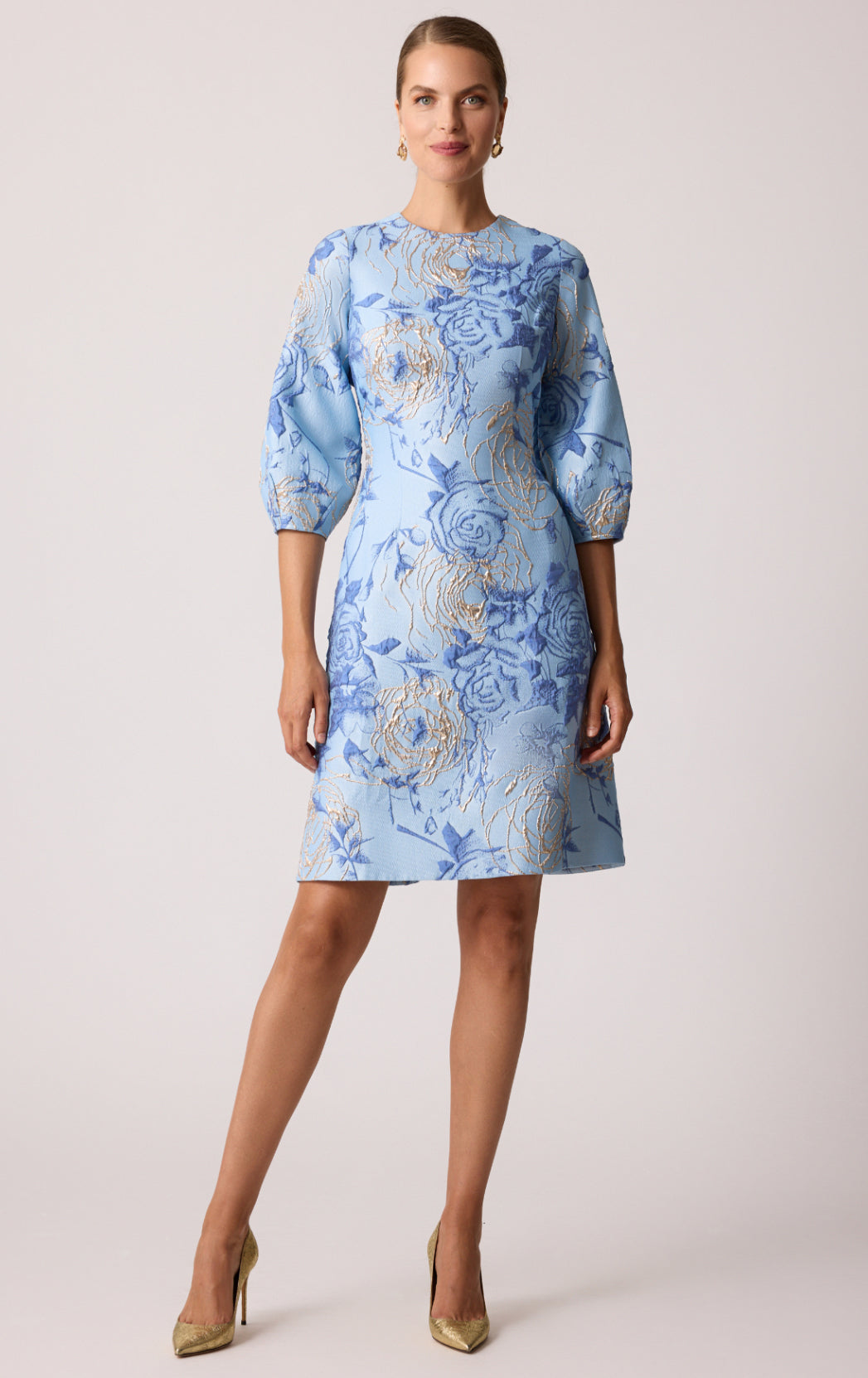 Jacquard Elbow Sleeve Fit and Flare Dress