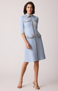 Boucle Ribbon Trim Shirt Collar Dress