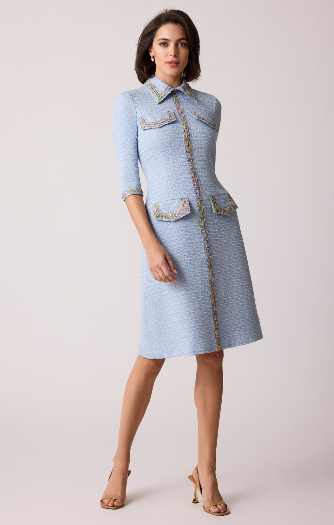 Boucle Ribbon Trim Shirt Collar Dress