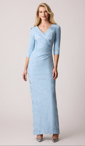 Stretch Jacquard 3/4 Sleeve V Neck Gown