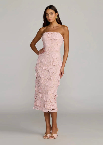 Strapless 3D Floral Midi Dress