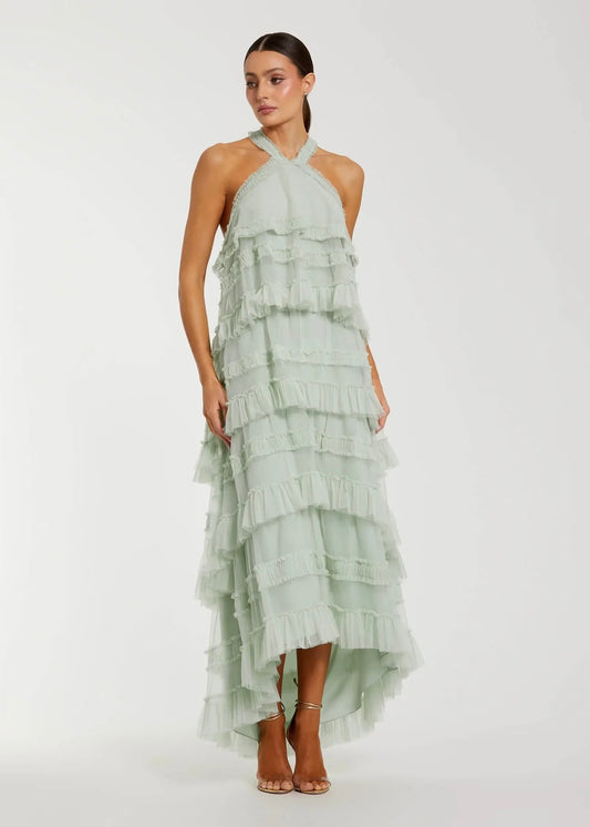 Tiered Ruffle Halter Neck Midi Dress