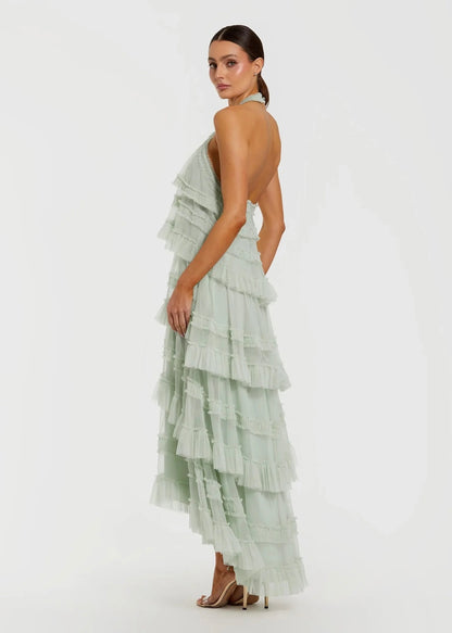 Tiered Ruffle Halter Neck Midi Dress