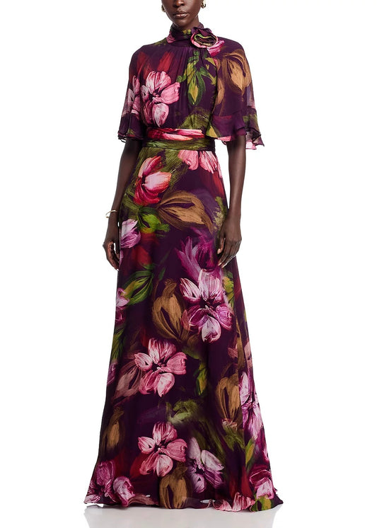 Chiffon Floral Flutter Sleeve Maxi Gown