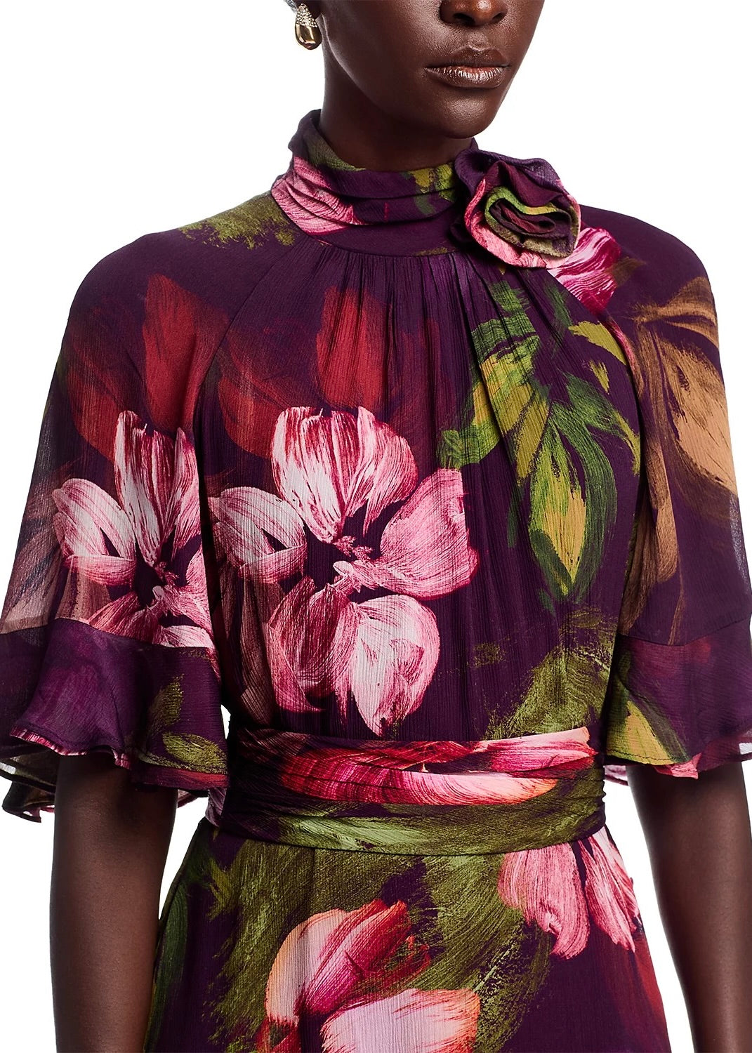 Chiffon Floral Flutter Sleeve Maxi Gown