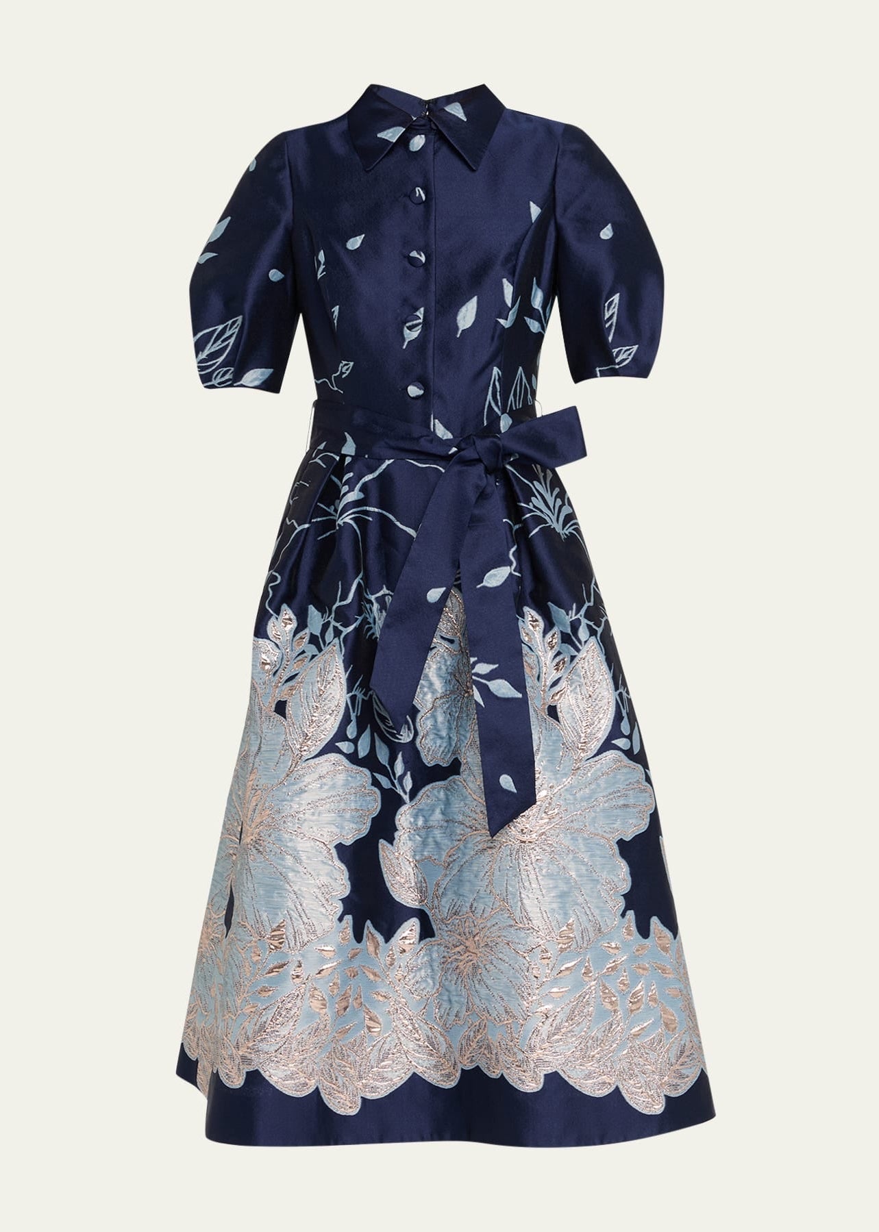 Metallic Jacquard Floral Puff Sleeve Dress