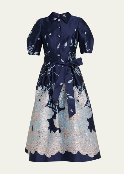 Metallic Jacquard Floral Puff Sleeve Dress