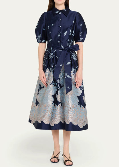 Metallic Jacquard Floral Puff Sleeve Dress