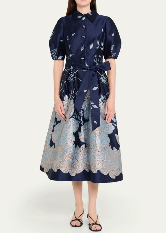 Metallic Jacquard Floral Puff Sleeve Dress