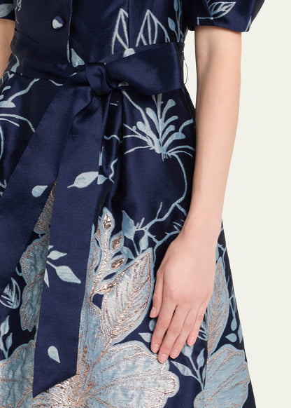 Metallic Jacquard Floral Puff Sleeve Dress