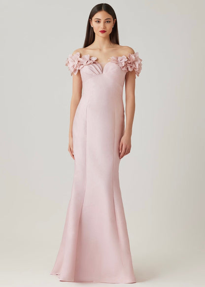 Jacquard Flower Petal Off The Shoulder Gown