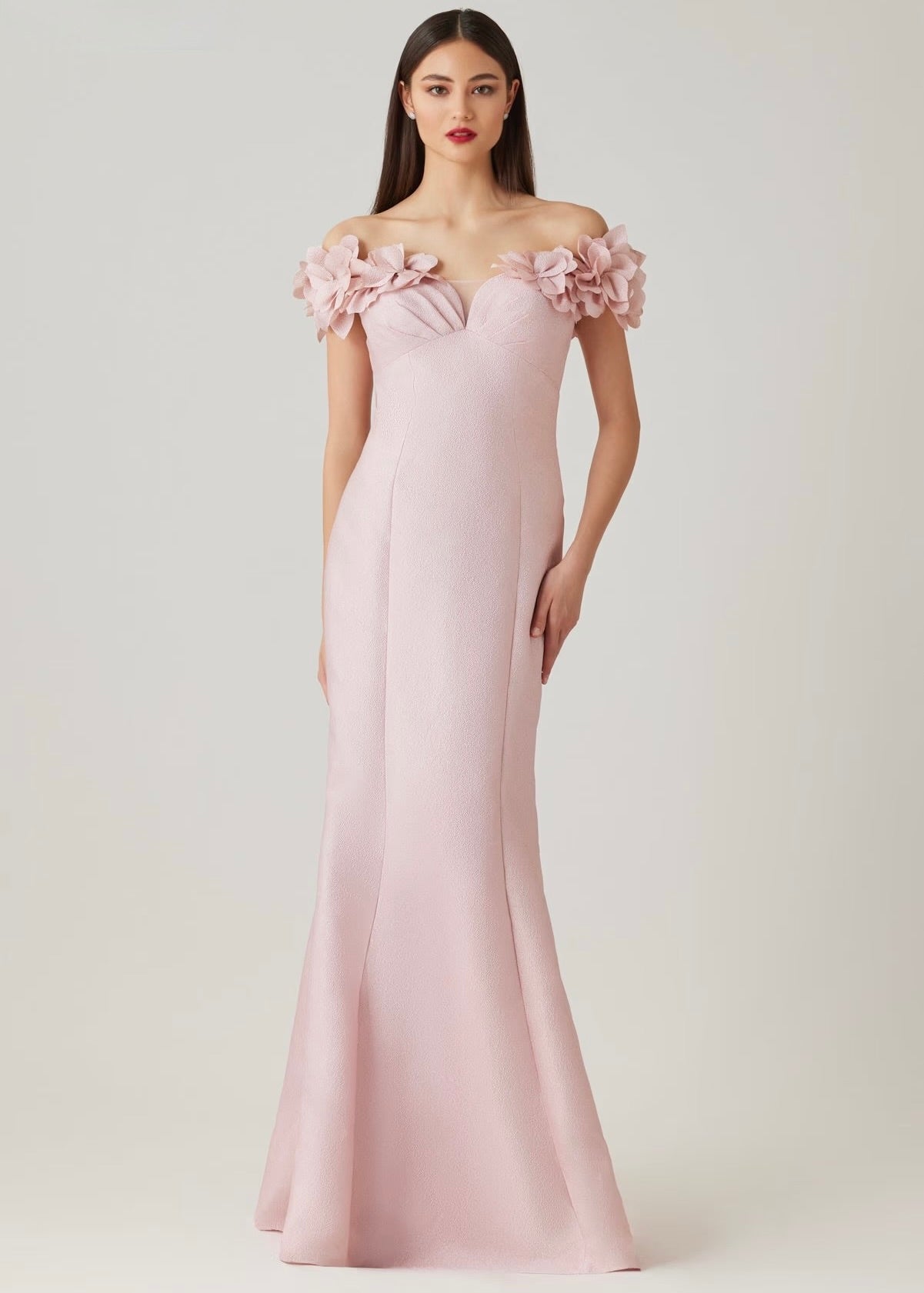 Jacquard Flower Petal Off The Shoulder Gown