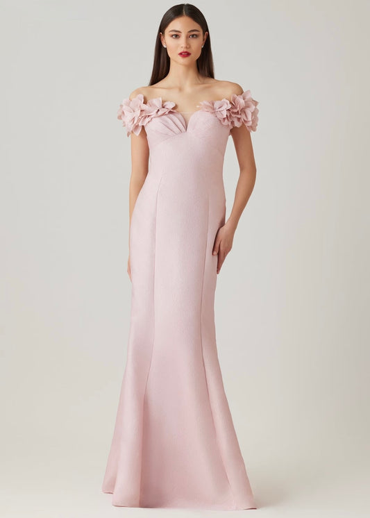 Jacquard Flower Petal Off The Shoulder Gown