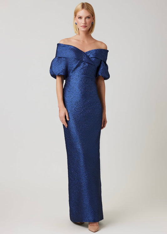 Metallic Jacquard Off Shoulder Puff Sleeve Gown