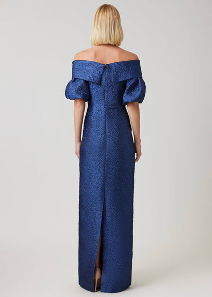 Metallic Jacquard Off Shoulder Puff Sleeve Gown