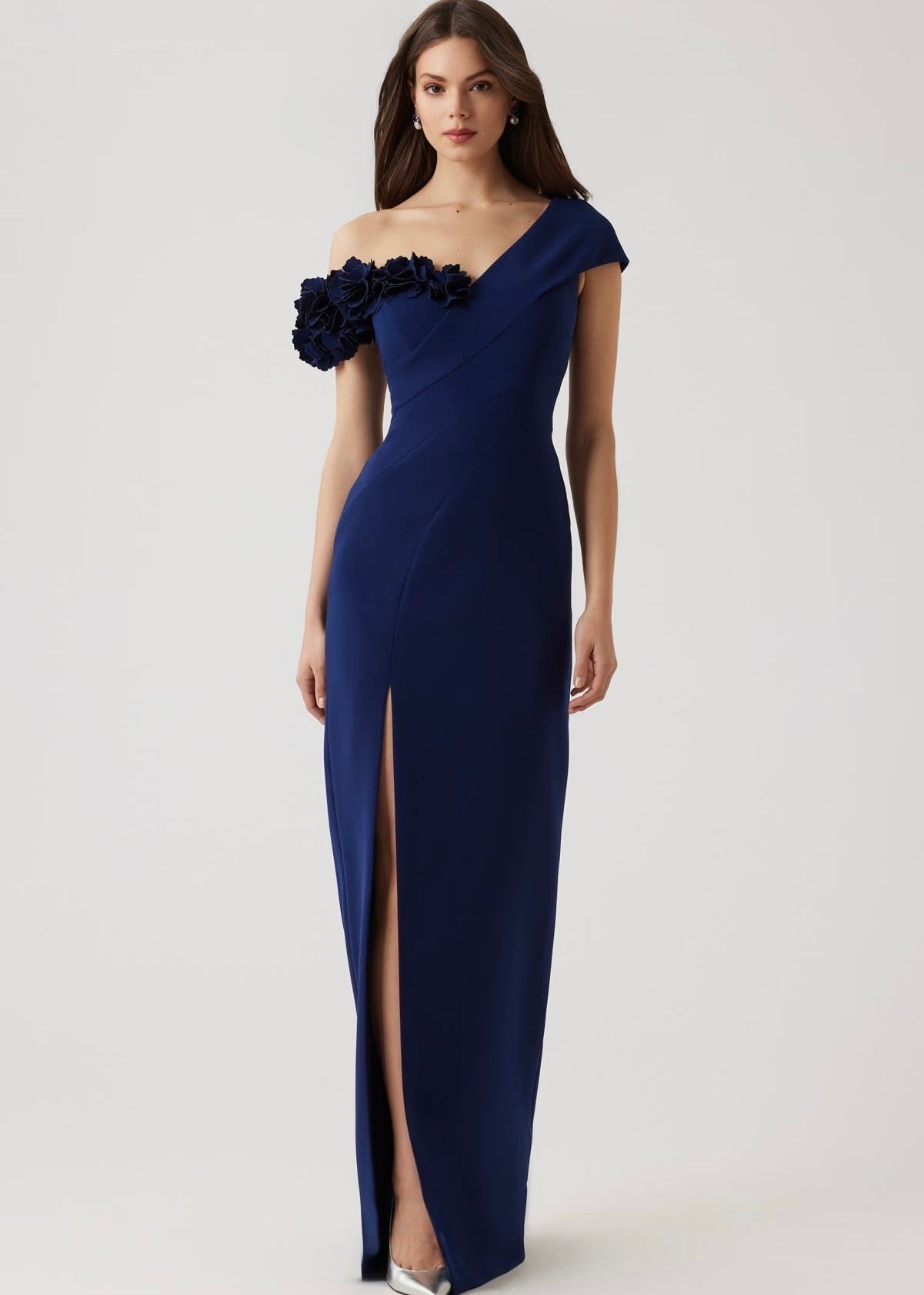 Stretch Crepe 3D Flower Asymmetrical Gown