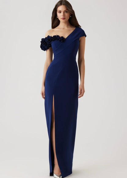 Stretch Crepe 3D Flower Asymmetrical Gown