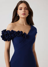 Load image into Gallery viewer, Stretch Crepe 3D Flower Asymmetrical Gown
