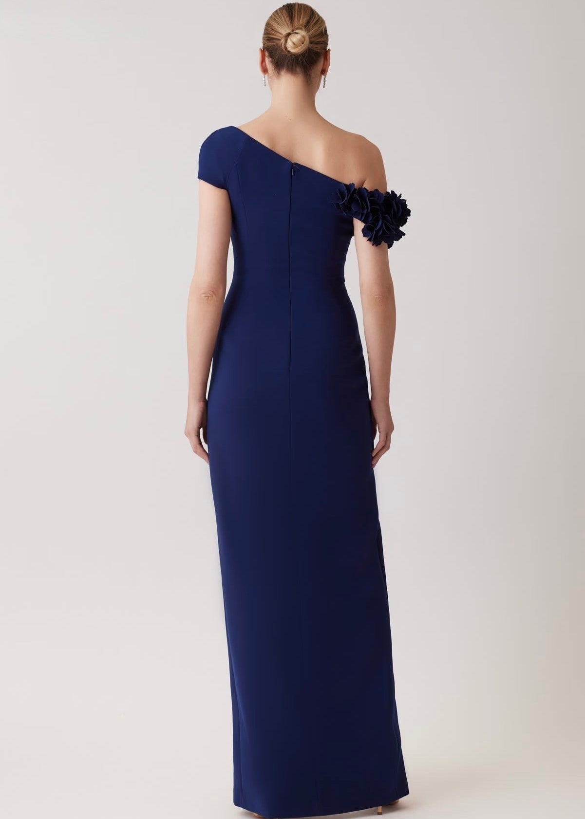 Stretch Crepe 3D Flower Asymmetrical Gown