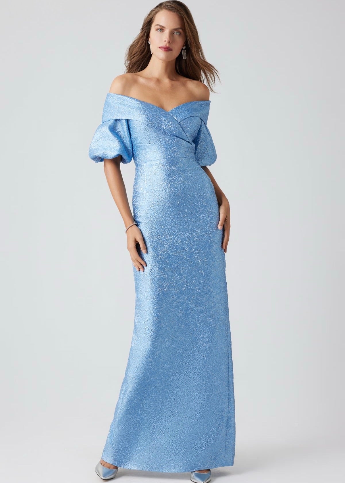 Metallic Jacquard Off Shoulder Puff Sleeve Gown