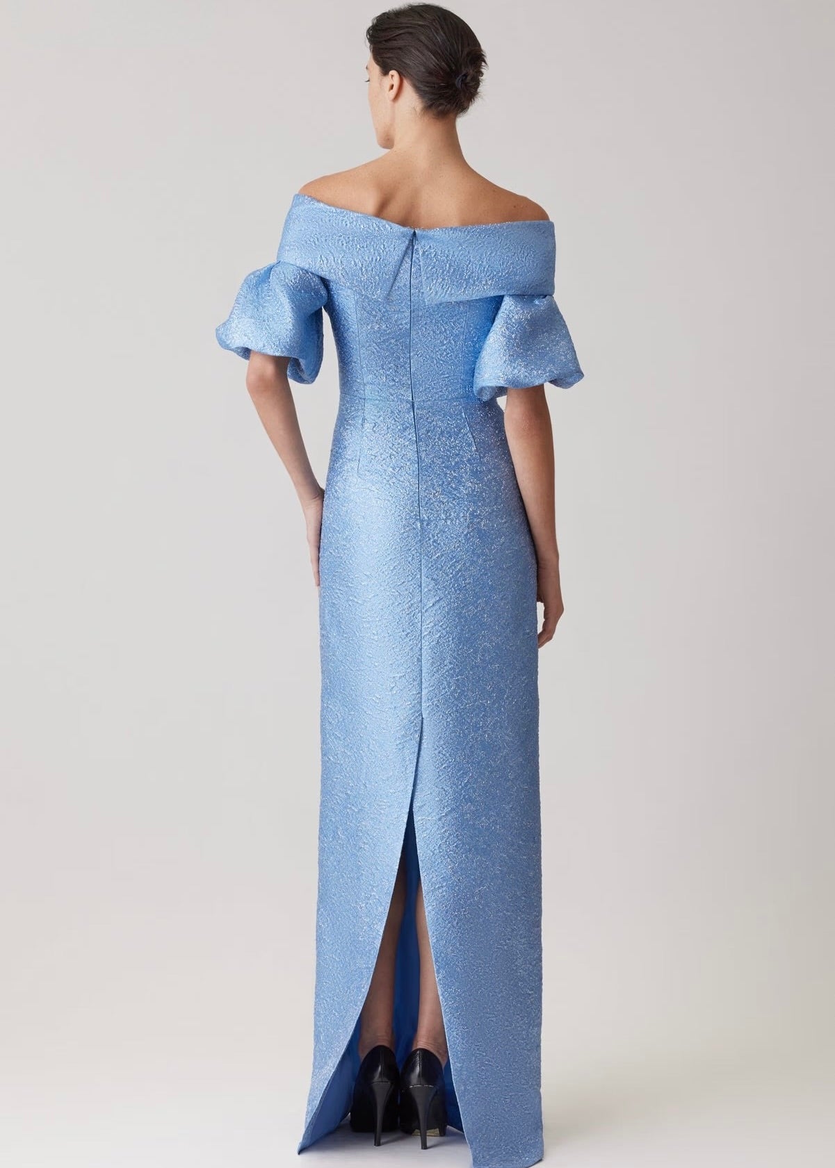 Metallic Jacquard Off Shoulder Puff Sleeve Gown