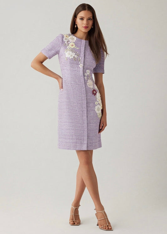 Tweed Short Sleeve Floral Appliqué Sheath Dress
