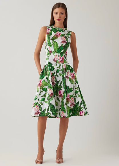 Cotton Floral Print Drop Waist Necklace Trim Dress