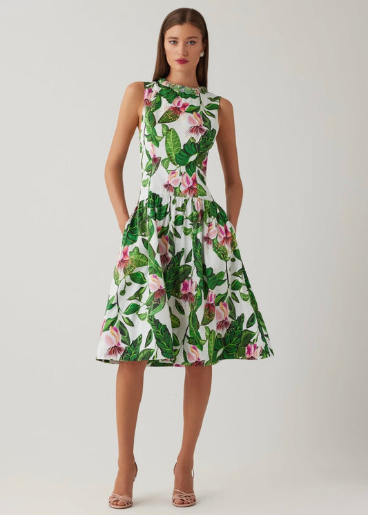 Cotton Floral Print Drop Waist Necklace Trim Dress