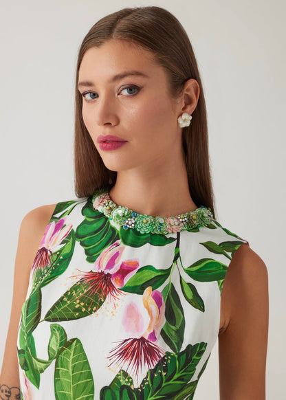 Cotton Floral Print Drop Waist Necklace Trim Dress