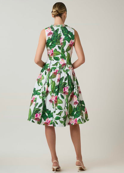 Cotton Floral Print Drop Waist Necklace Trim Dress