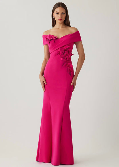 Scuba Off The Shoulder 3D Flower Gown