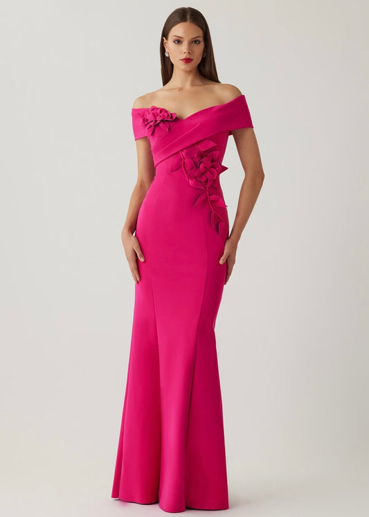 Scuba Off The Shoulder 3D Flower Gown
