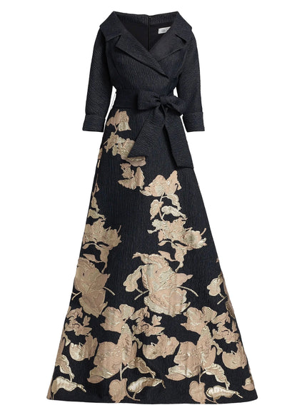 Metallic Jacquard Floral Shirtdress Gown