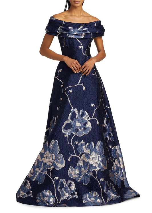 Off the Shoulder Floral Border Gown