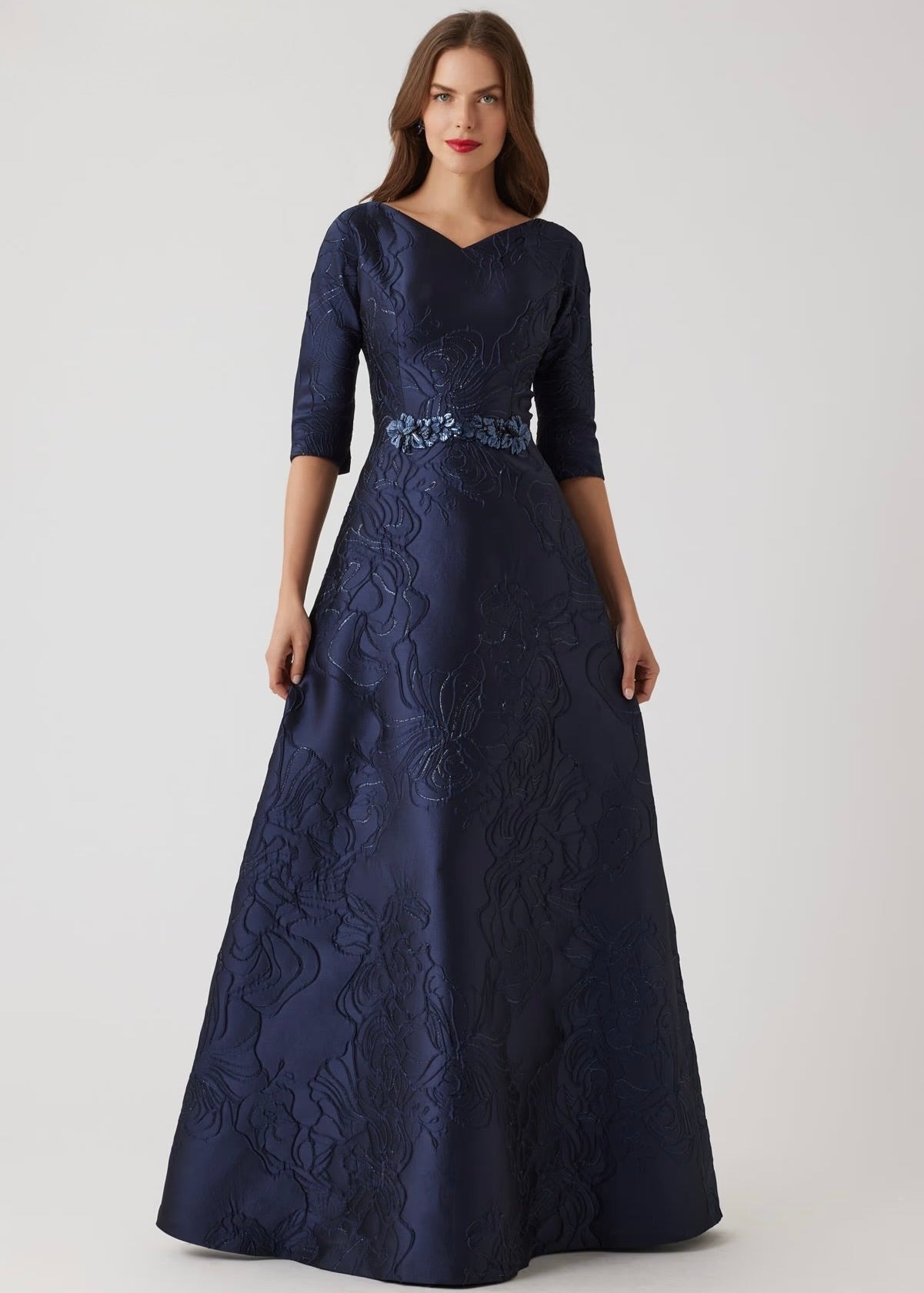 Floral Metallic Jacquard A Line Beaded Belt Gown