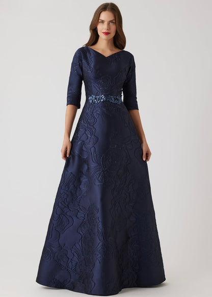 Floral Metallic Jacquard A Line Beaded Belt Gown