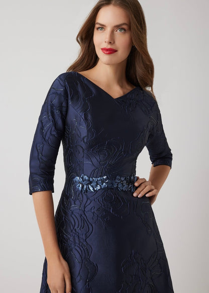 Floral Metallic Jacquard A Line Beaded Belt Gown
