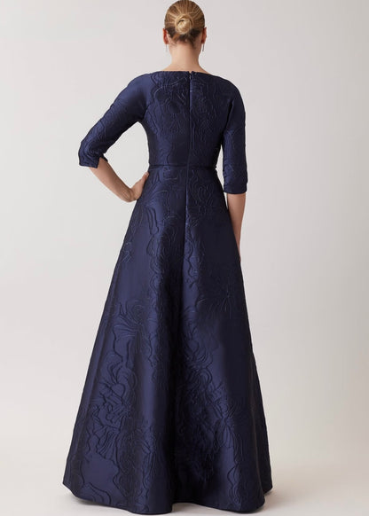 Floral Metallic Jacquard A Line Beaded Belt Gown