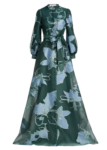 Floral Jacquard Mandarin Neck Shirt Gown