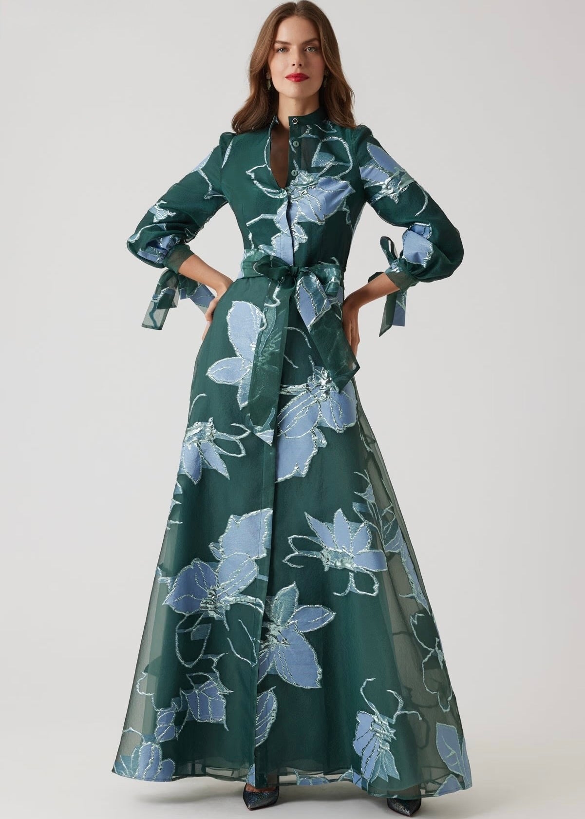 Floral Jacquard Mandarin Neck Shirt Gown