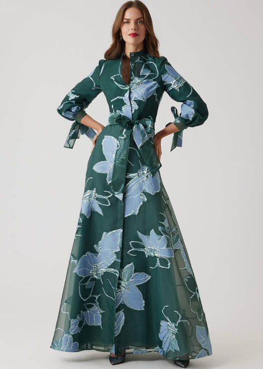 Floral Jacquard Mandarin Neck Shirt Gown
