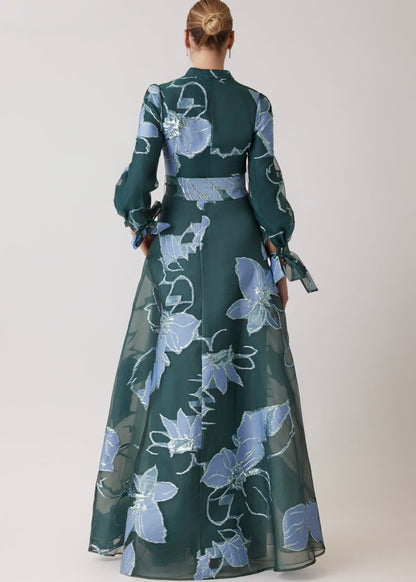 Floral Jacquard Mandarin Neck Shirt Gown