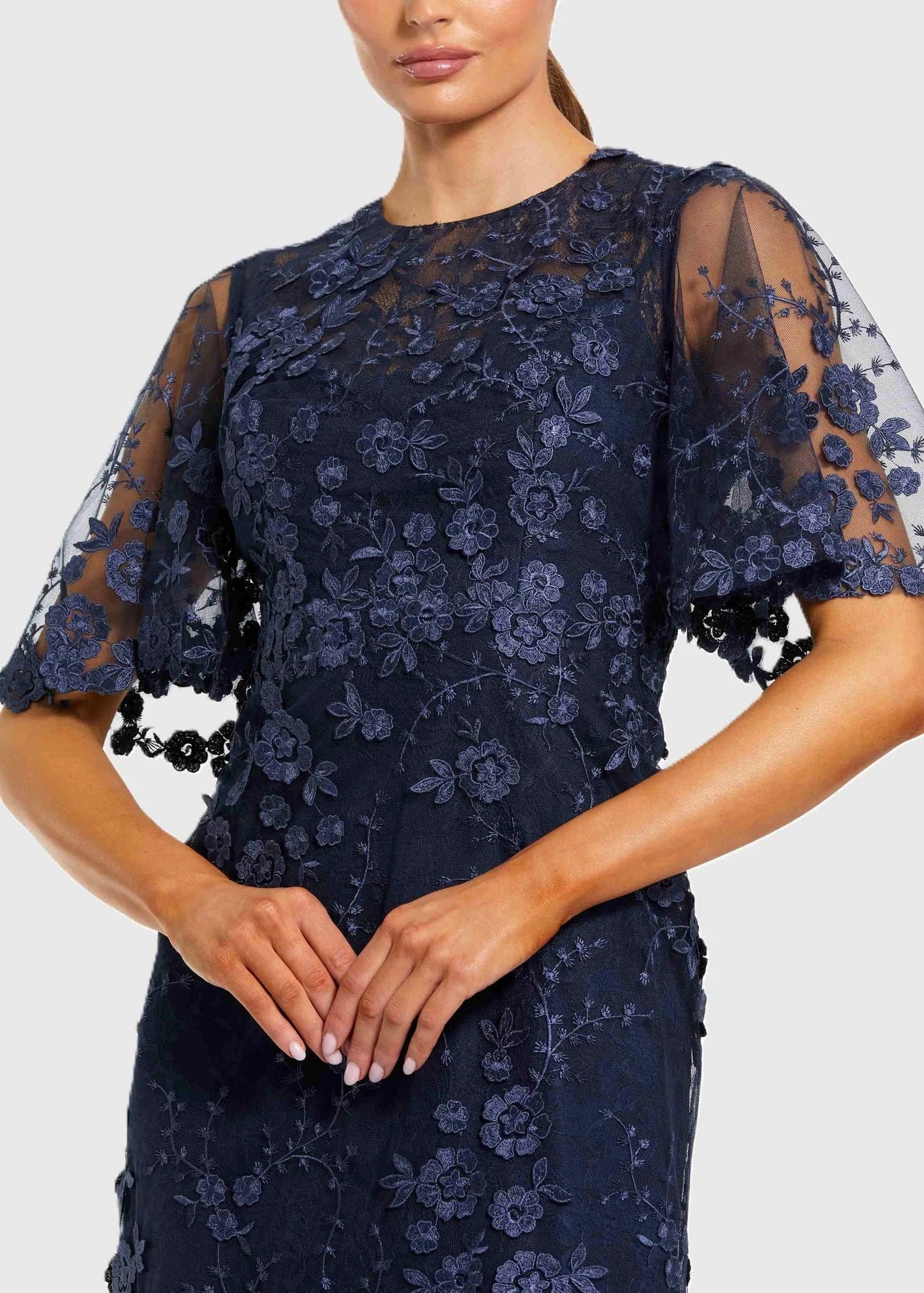 Midnight Flutter Sleeve Floral Emboridered Gown