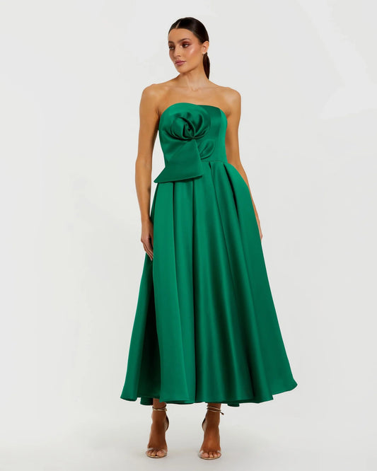 Emerald Strapless Satin A-Line Midi with 3D Flower