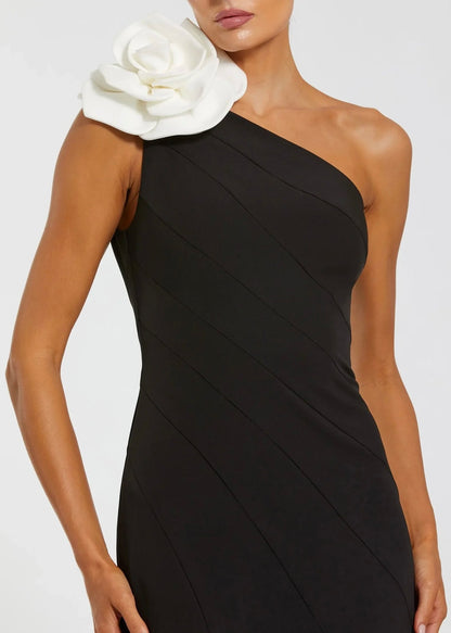 Crepe One Shoulder Mermaid Gown with 3D Flower