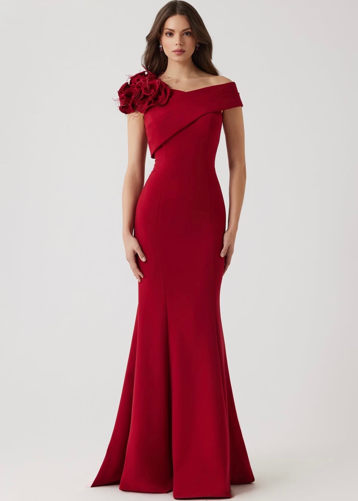 Crepe Asymmetrical Flower Feather Gown