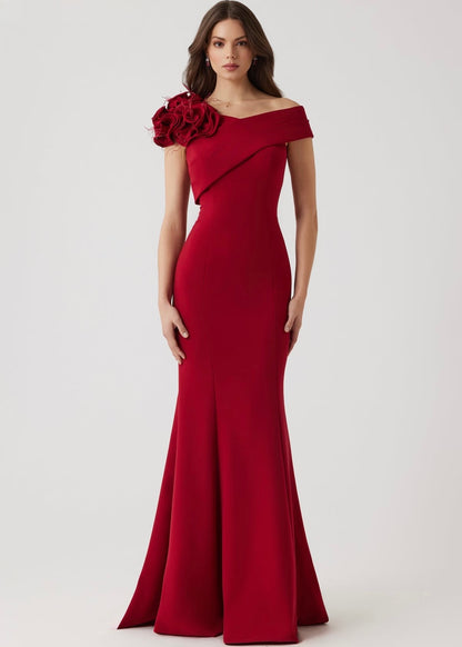Crepe Asymmetrical Flower Feather Gown
